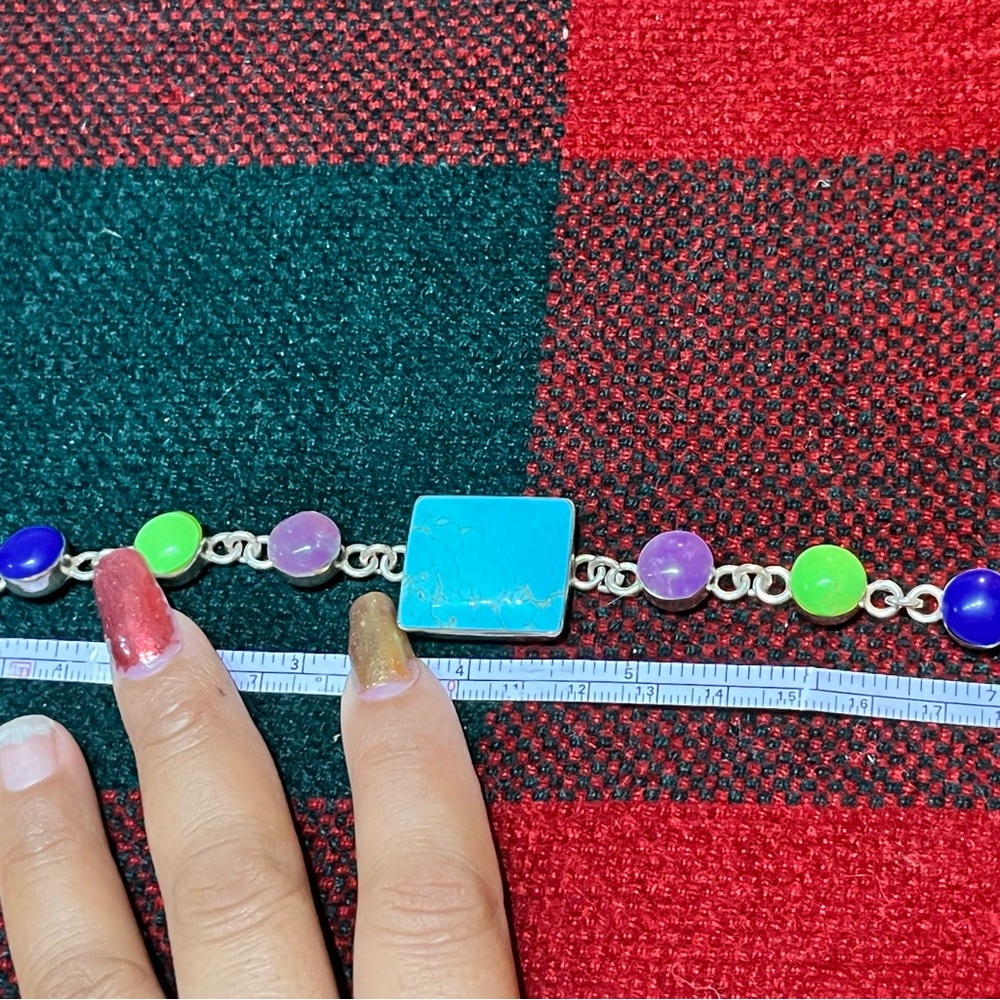 Vintage Mexico Multi Gemstone Inlay Sterling Silver Toggle Bracelet 7.5”